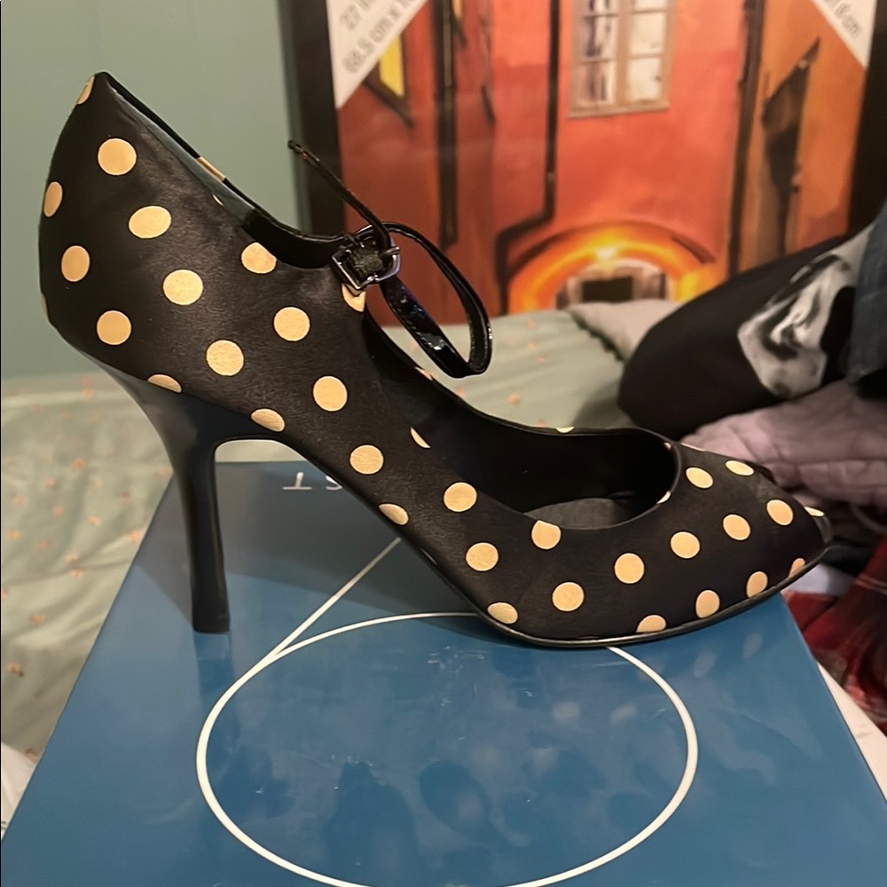 Nine West Black bream Heels Pumps polka dot satin ankle strap peep toe shoes 6.5